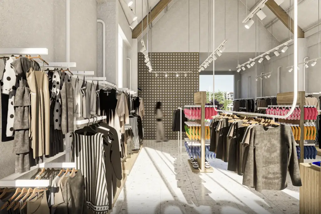 Fashion display area with white finishes and warm wood accents at I Look Daily Gianyar