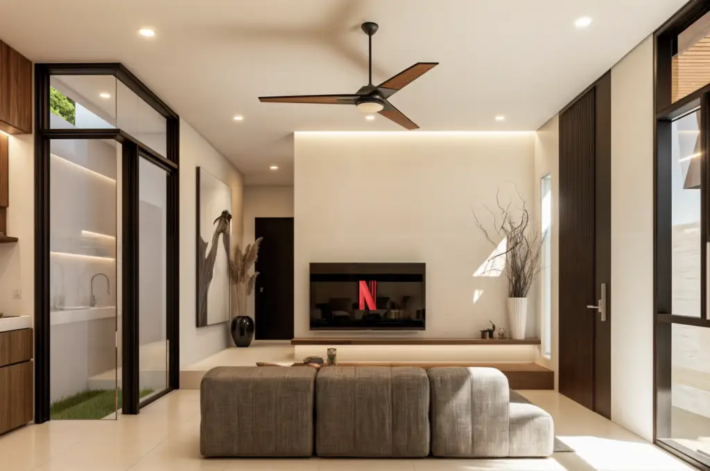 Open plan living room with modern tropical interior at Taman Dewayu Residence
