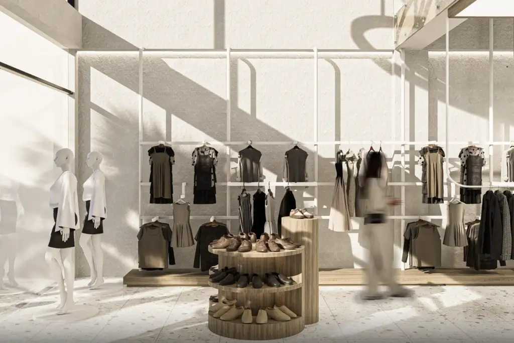 Fashion display area with white finishes and warm wood accents at I Look Daily Gianyar