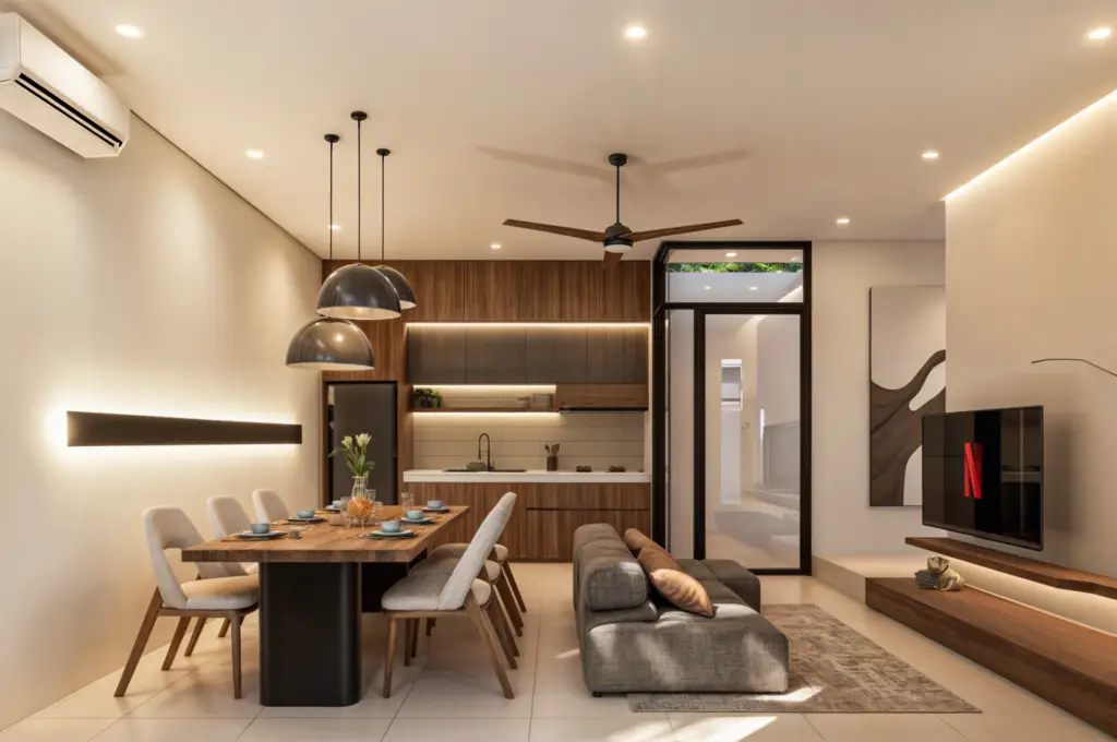 Connected dining and kitchen area inside Taman Dewayu Residence in Bali