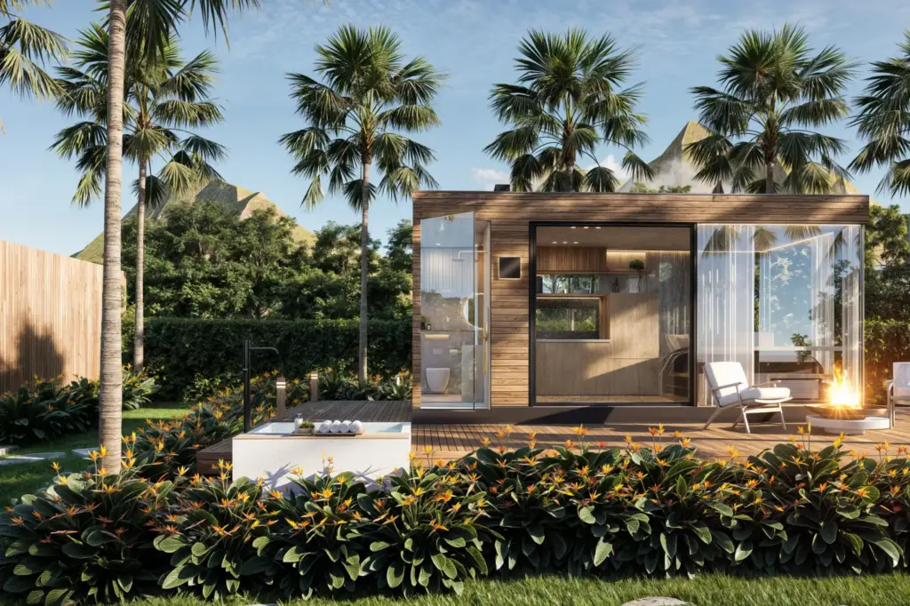 One-storey guest cabin surrounded by tropical landscape at Solitary Cabin