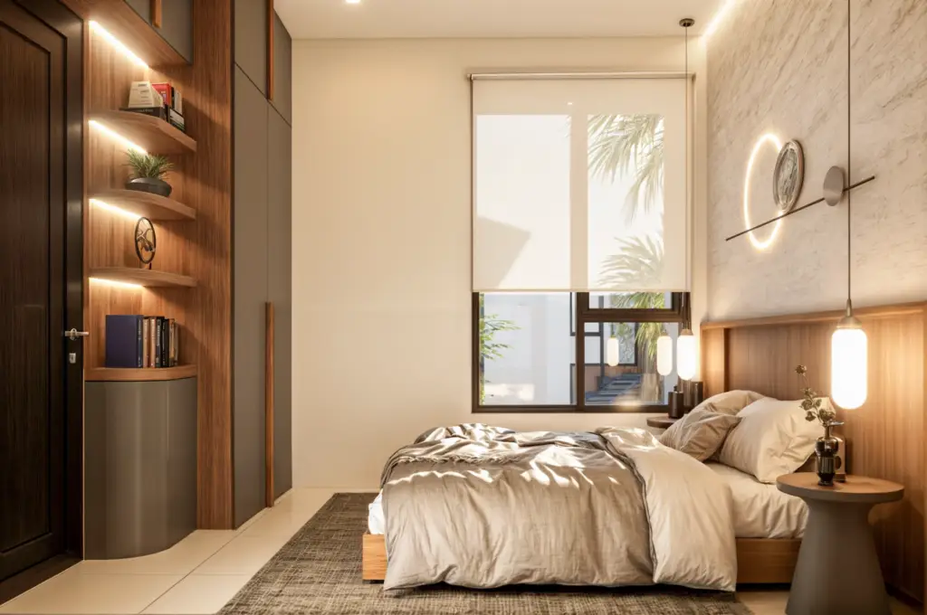 Master Bedroom with warm modern finishes at Taman Dewayu Residence