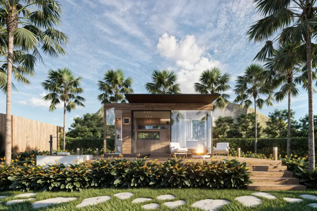 One-storey guest cabin surrounded by tropical landscape at Solitary Cabin
