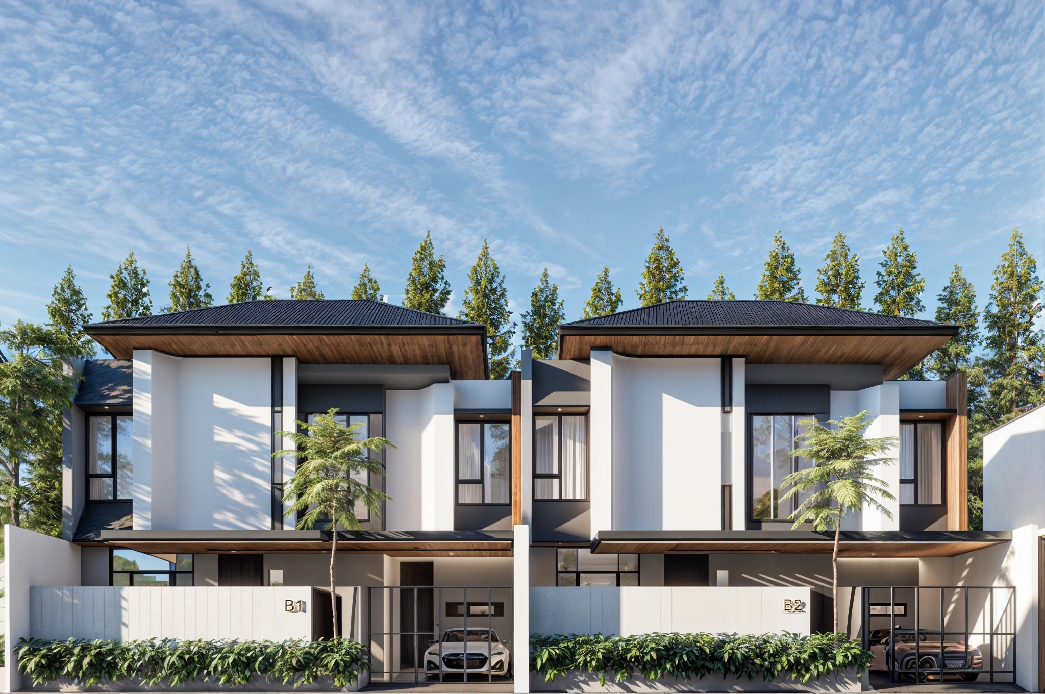 Taman Dewayu Residence modern tropical house facade in Kerobokan, Bali (day light facade)