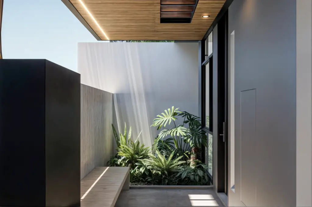 Side terrace and tropical planting at Taman Dewayu Residence