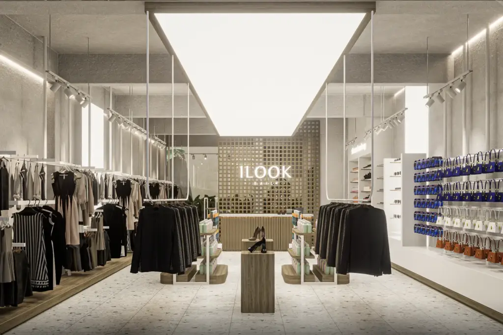 Fashion display area with white finishes and warm wood accents at I Look Daily Gianyar