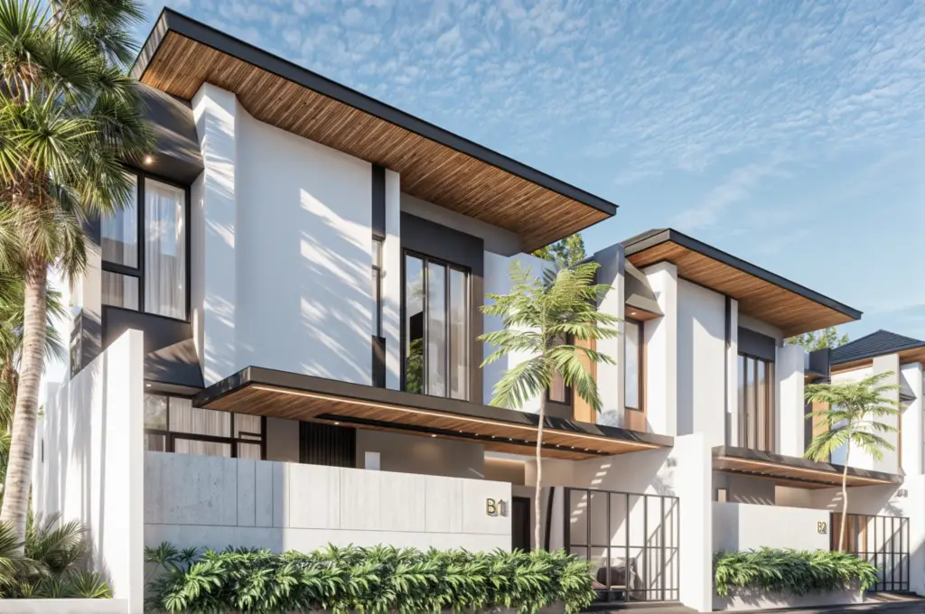 Taman Dewayu Residence modern tropical house facade in Kerobokan, Bali (side view ambience)
