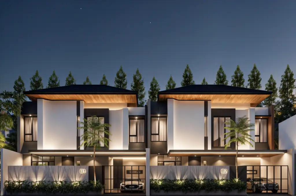 Taman Dewayu Residence modern tropical house facade in Kerobokan, Bali (night ambience facade)