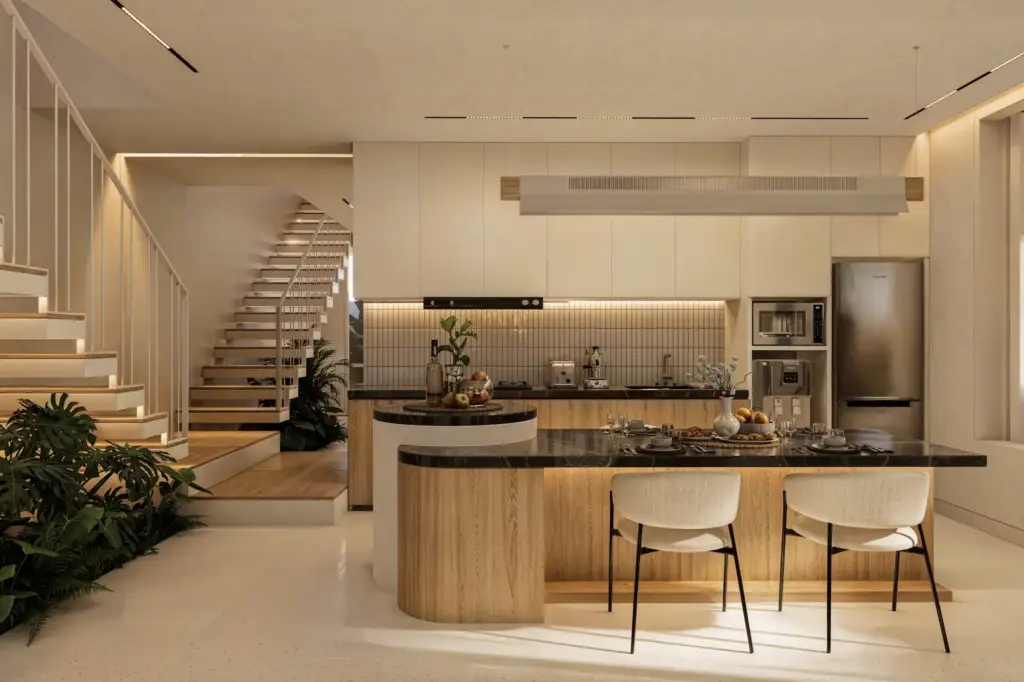 Open kitchen and dining space with tropical garden connection at Babakan Villa