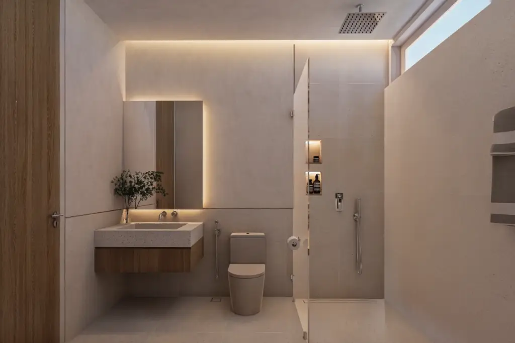 private shower area with natural materials at Babakan Villa in Bali