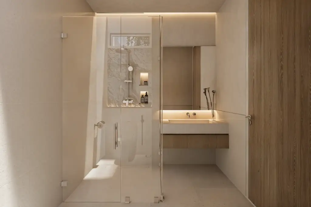 private shower area with natural materials at Babakan Villa in Bali