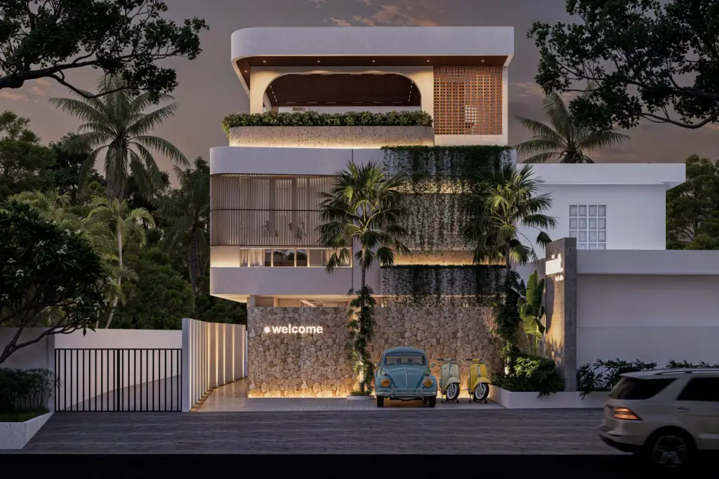 Babakan Villa modern tropical facade with natural stone and timber screens in Bali