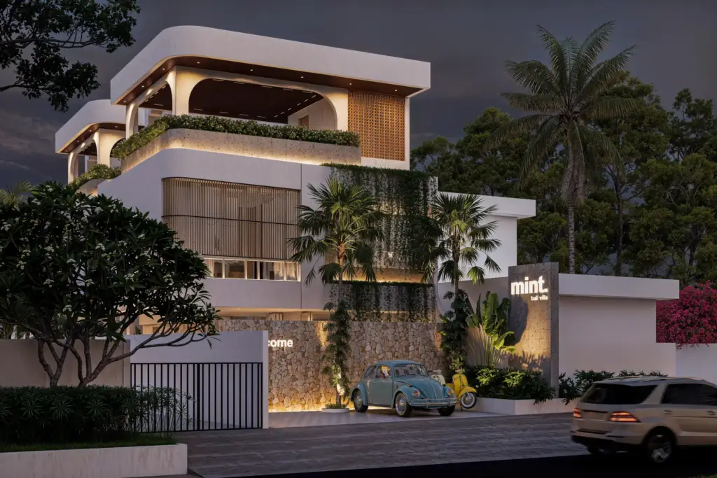 Babakan Villa modern tropical facade with natural stone and timber screens in Bali