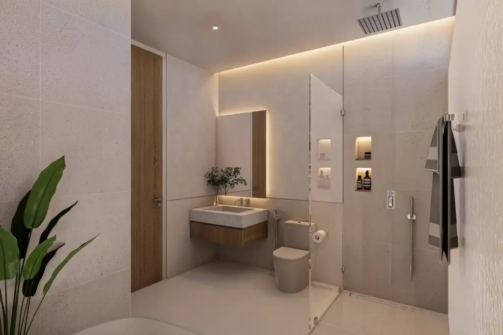 shower area and bathub with warm natural materials at Babakan Villa in Bali