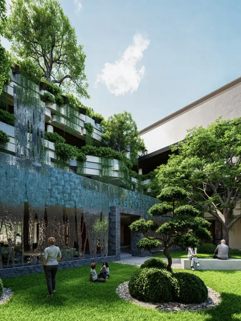 Toya Raga central void with tropical planting, natural light and water features