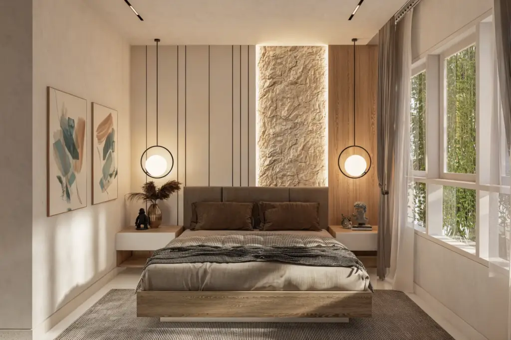 Private bedroom with warm natural materials at Babakan Villa in Bali