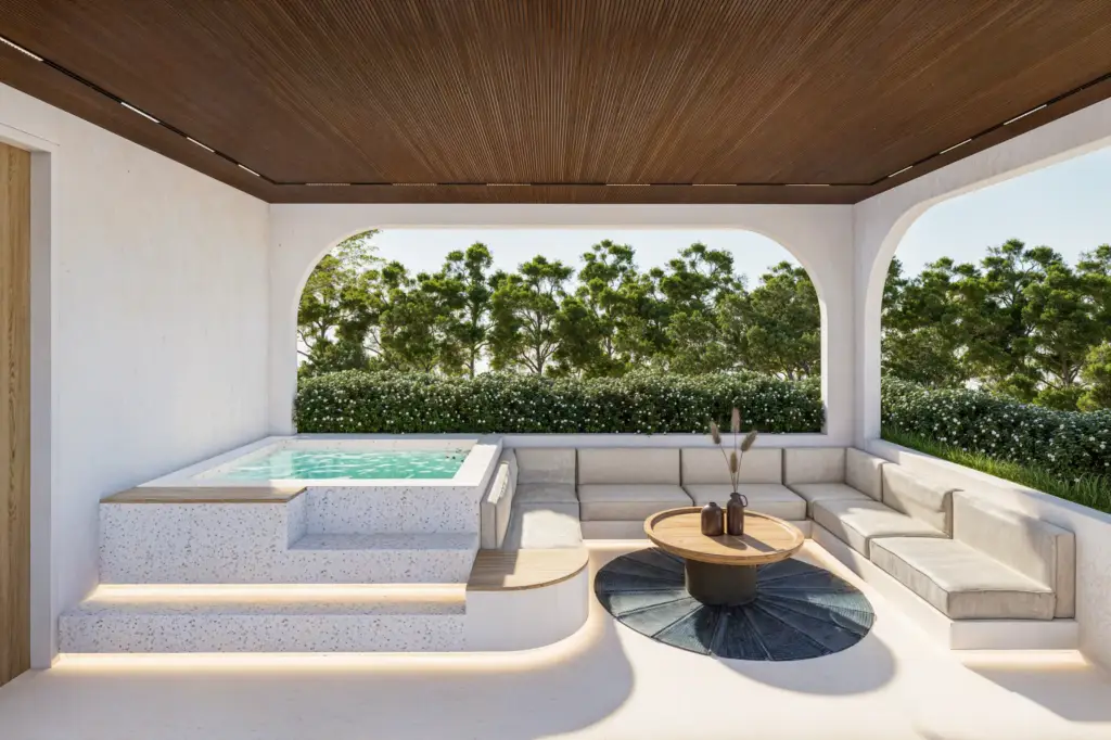 Rooftop jacuzzi and outdoor relaxation area at Babakan Villa
