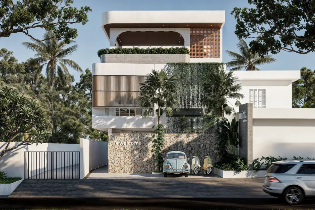 Babakan Villa modern tropical facade with natural stone and timber screens in Bali