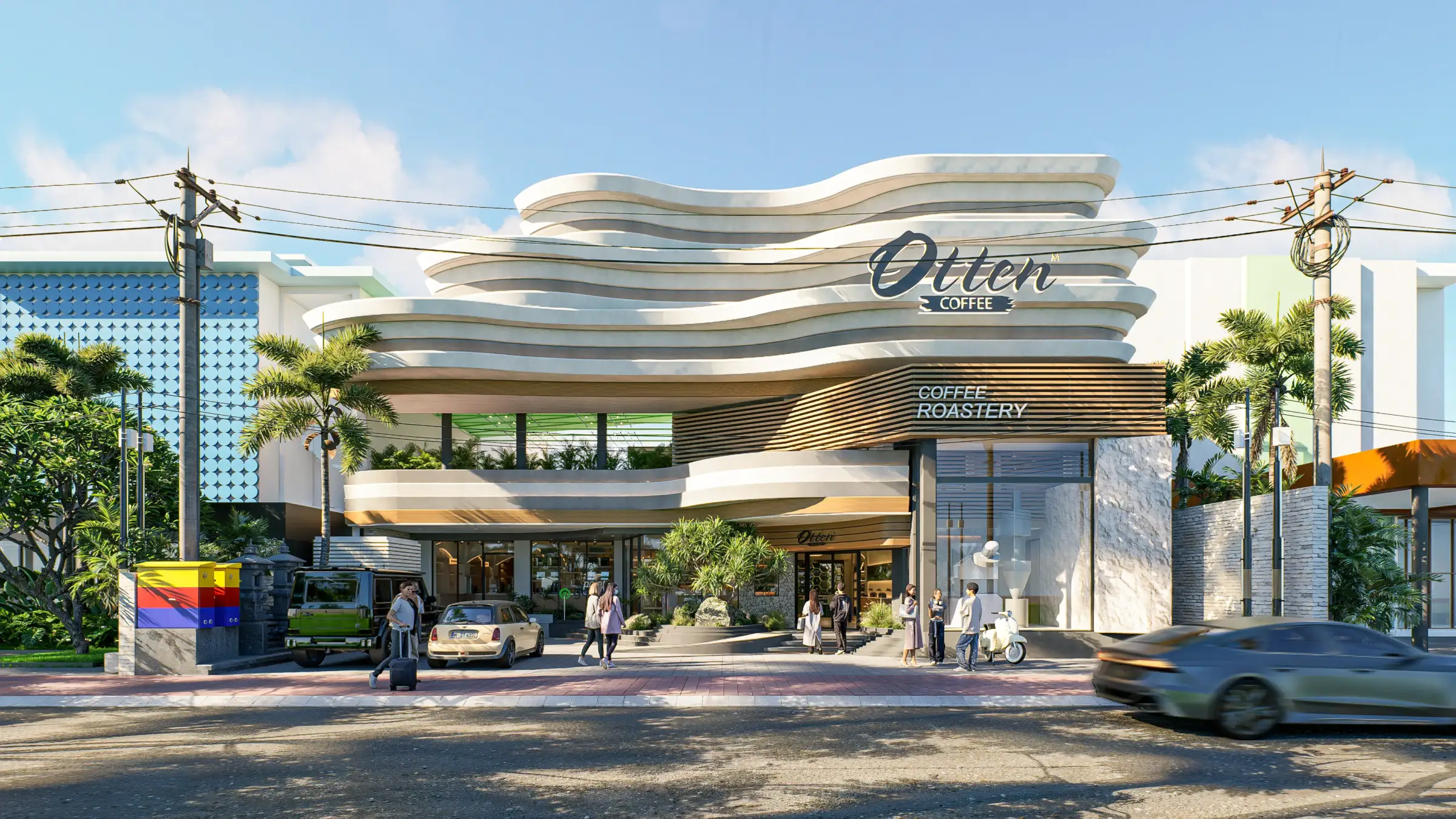 Facade Otten Coffee commercial interior and coffee shop design in Bali by Manon Design Studio (day view)