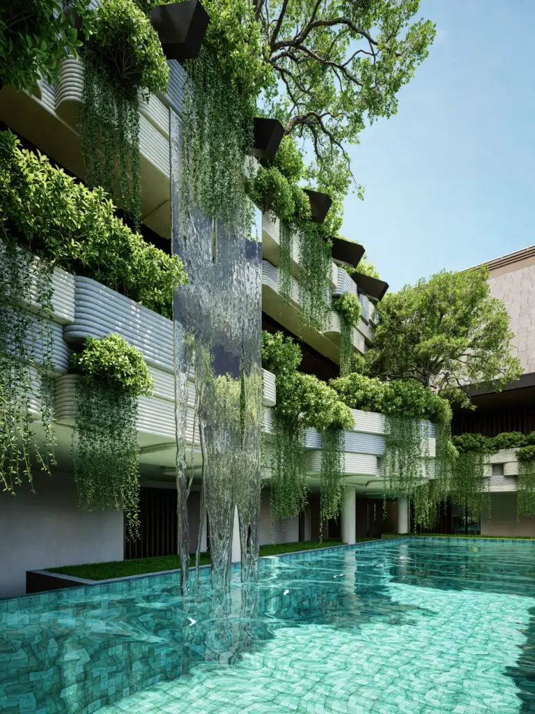 Swimming pool and shared outdoor area at Toya Raga apartment development in Bali