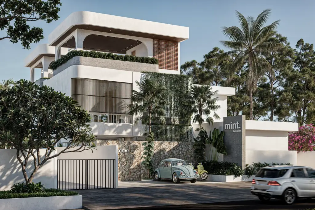 Babakan Villa modern tropical facade with natural stone and timber screens in Bali