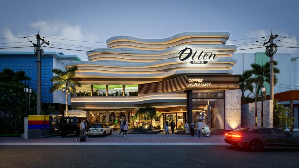 Facade Otten Coffee commercial interior and coffee shop design in Bali by Manon Design Studio (night view)