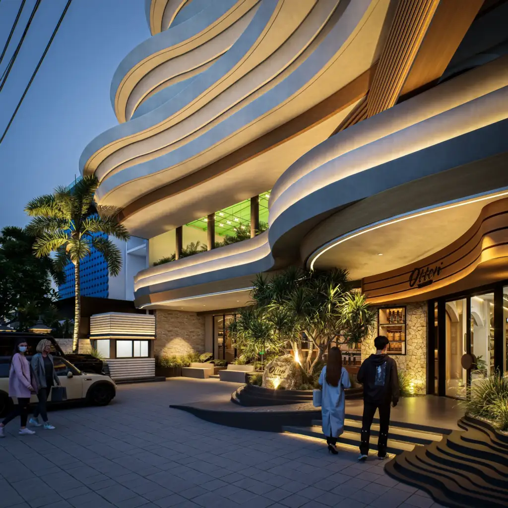 Facade Detail Otten Coffee commercial interior and coffee shop design in Bali by Manon Design Studio (night view)