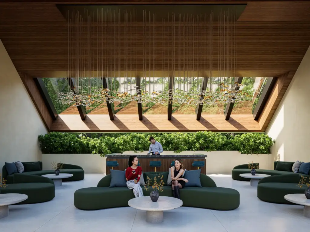 Semi open lobby with natural stone and tropical landscape at Toya Raga in Bali