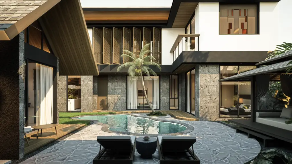 Crescent Moon Villa outdoor area swimming pool central courtyard in Bali