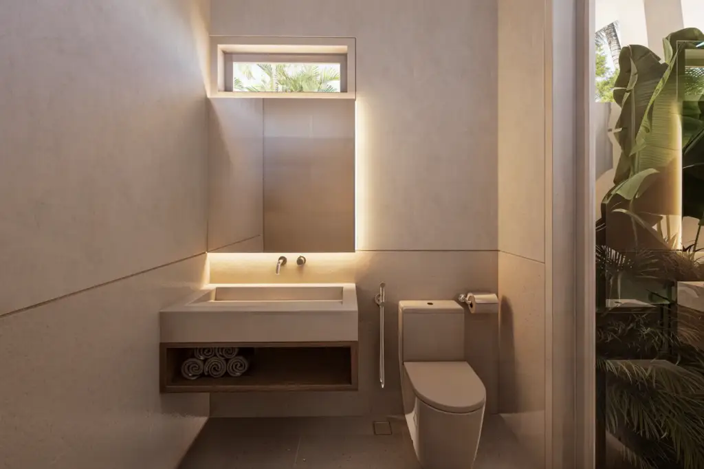 powder room area with natural materials at Babakan Villa in Bali