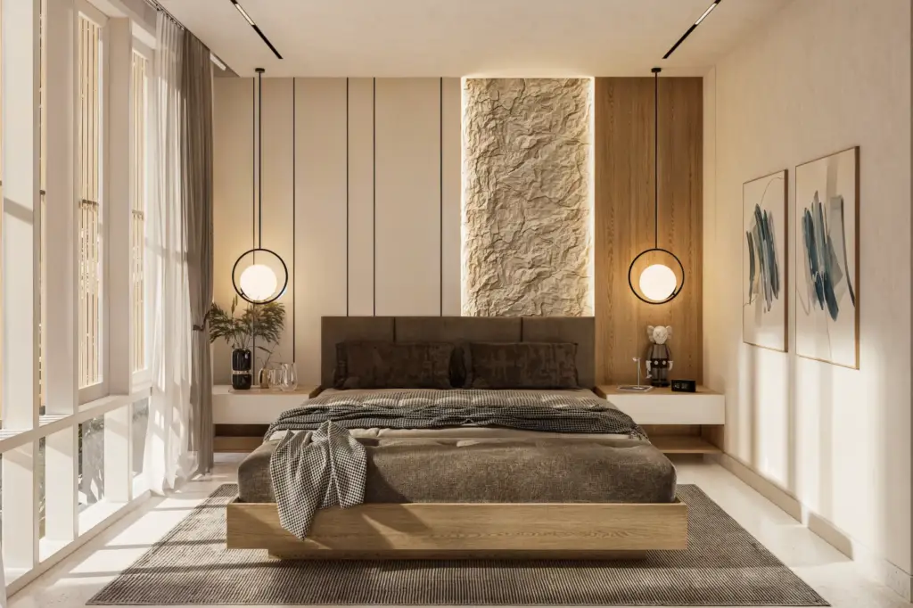 Private bedroom with warm natural materials at Babakan Villa in Bali