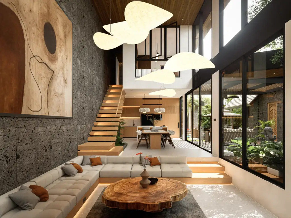 Crescent Moon Villa living room opening toward the central courtyard in Bali