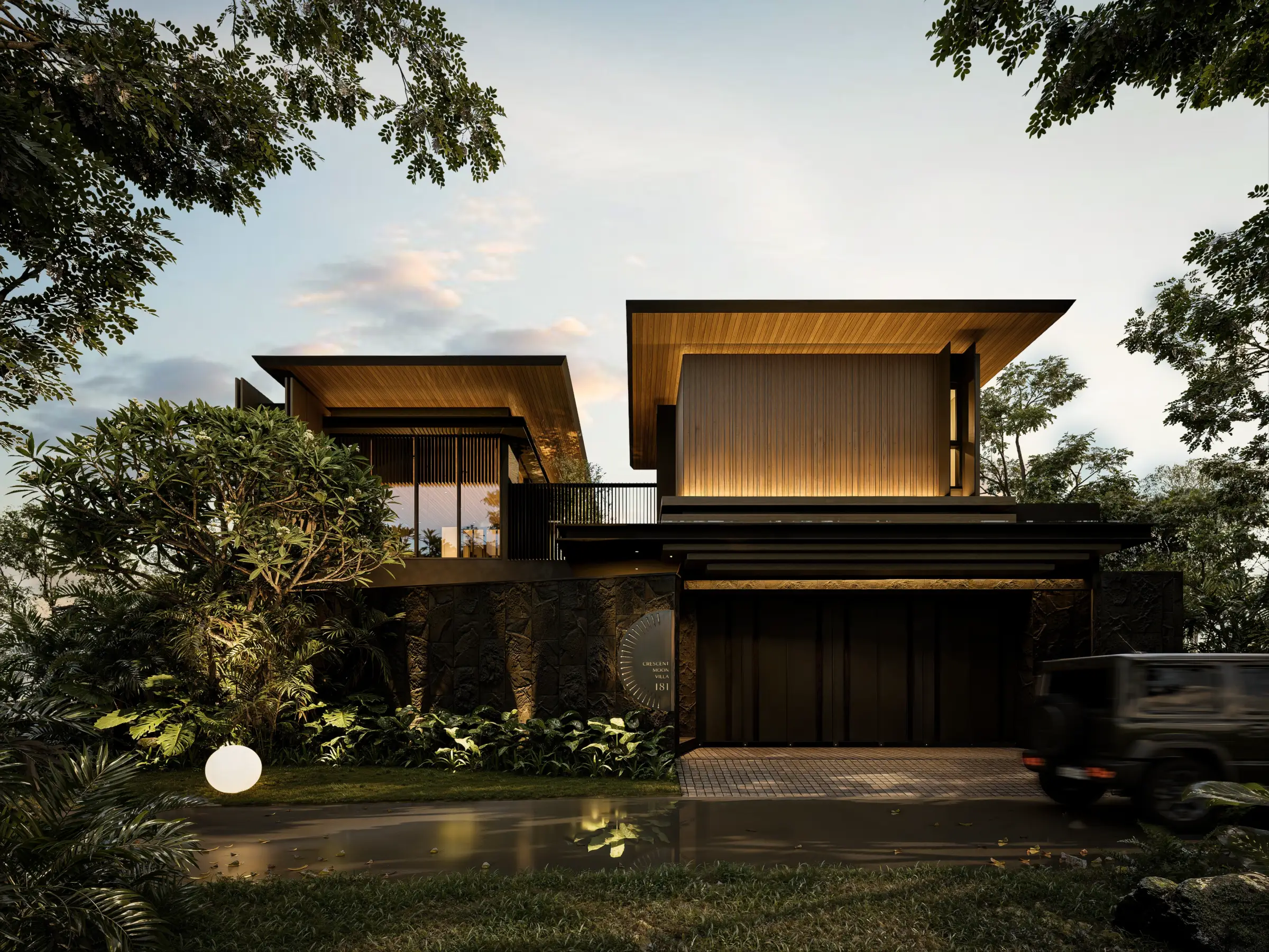 Crescent Moon Villa modern tropical facade in Denpasar, Bali by Manon Design Studio