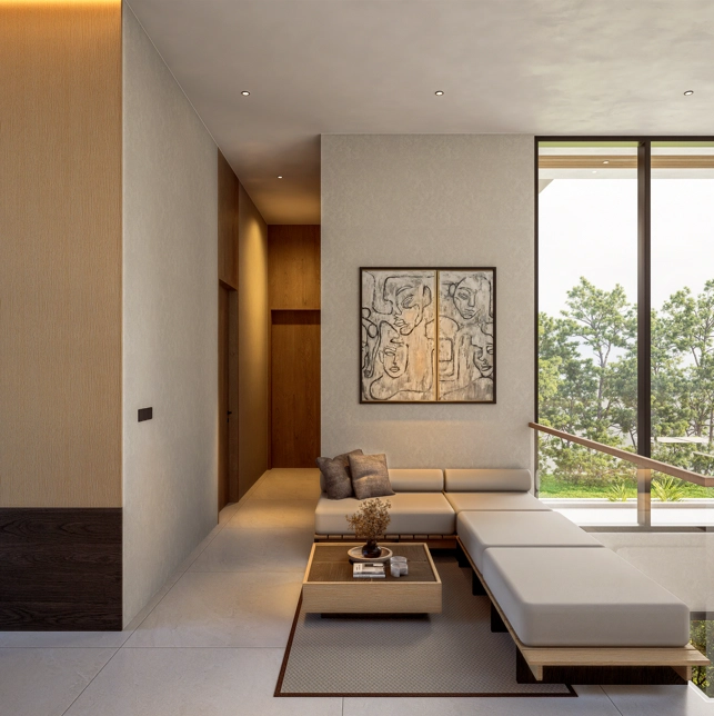 Minimalist seating area with wall art and large window