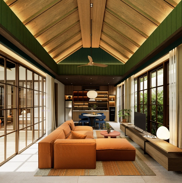 modern open plan living area with orange sectional couch