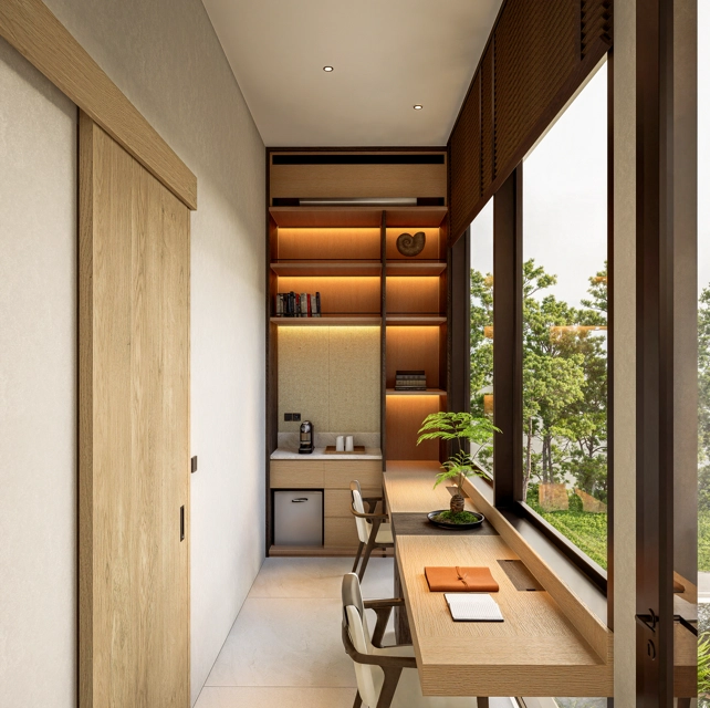 Narrow home office nook with long desk by window