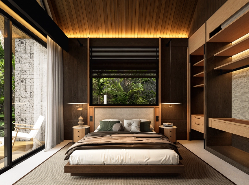 warm modern bedroom with dark wood panels and walk in closet