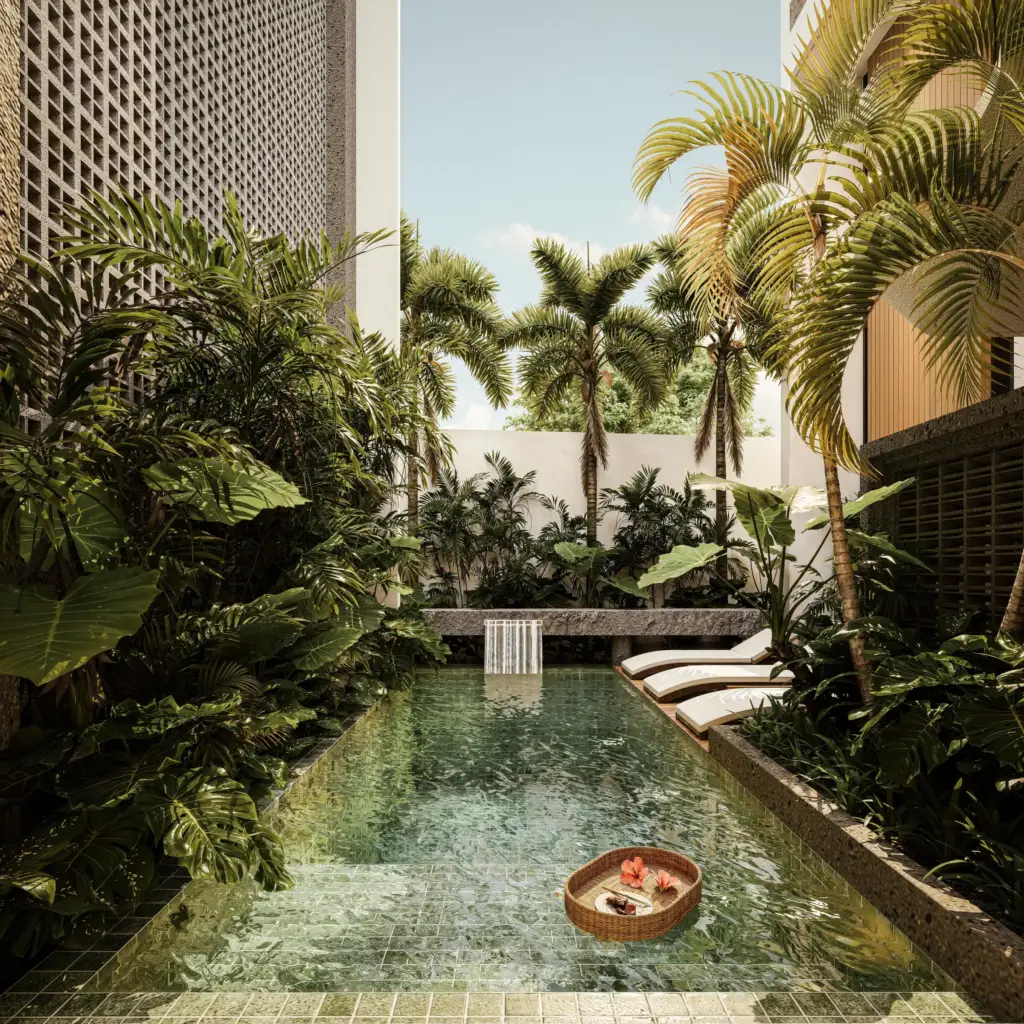 Shared pool courtyard between residential volumes at Nyanyi Residence