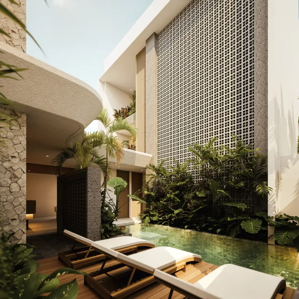 Shared pool courtyard between residential volumes at Nyanyi Residence