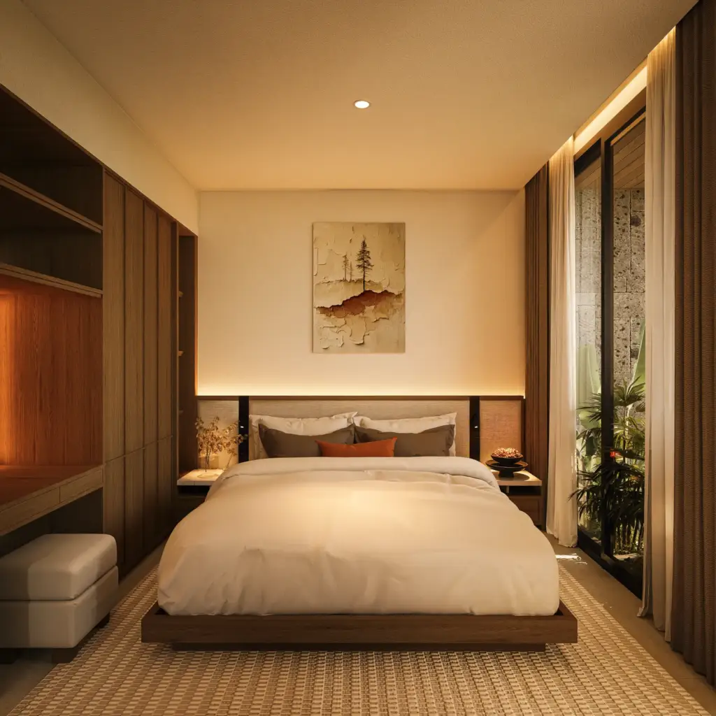 One-bedroom apartment interior with warm natural materials at Nyanyi Residence