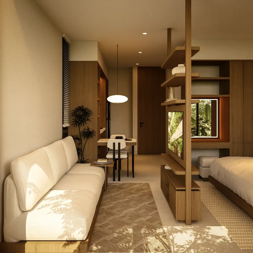 apartment interior with warm natural materials at Nyanyi Residence