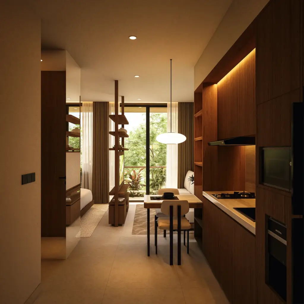apartment interior with warm natural materials at Nyanyi Residence