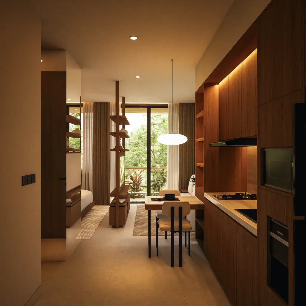 apartment interior with warm natural materials at Nyanyi Residence
