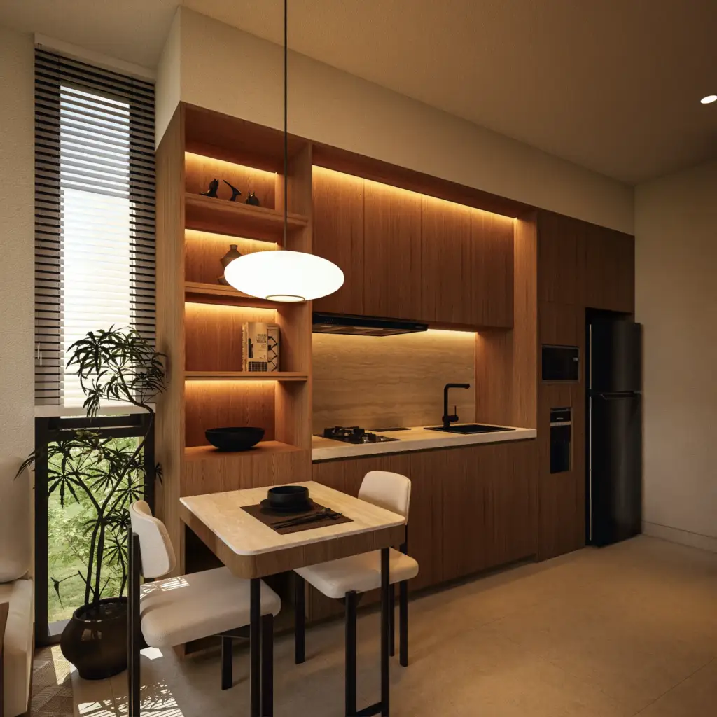 apartment interior with warm natural materials at Nyanyi Residence