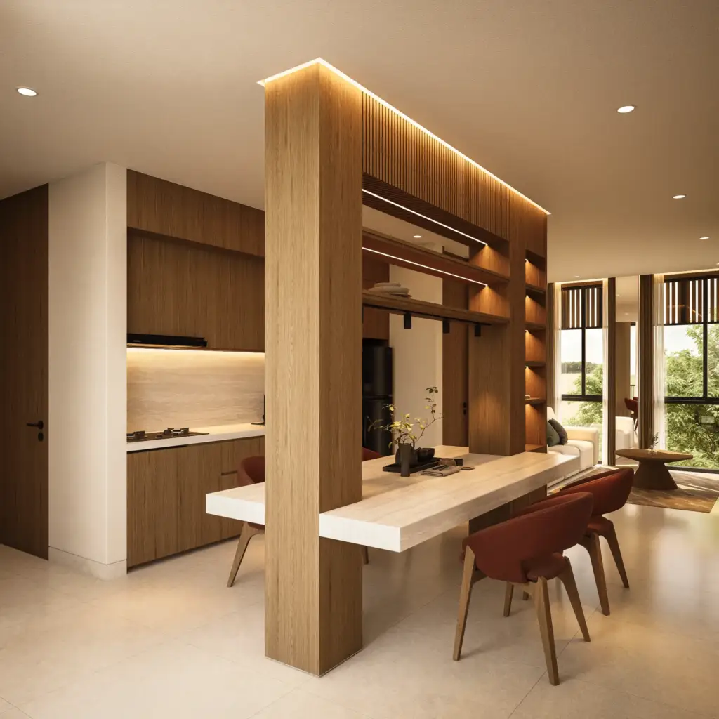 apartment interior with warm natural materials at Nyanyi Residence